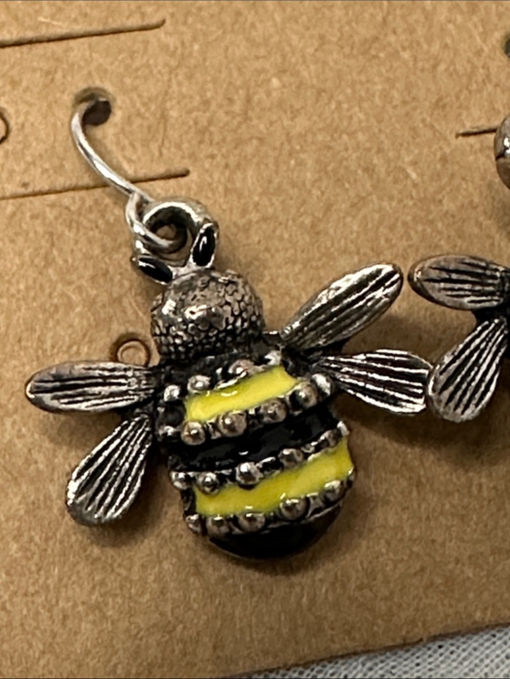 Bee Charm Dangle Earrings - Yellow and Silver Tone - Picture 3 of 4